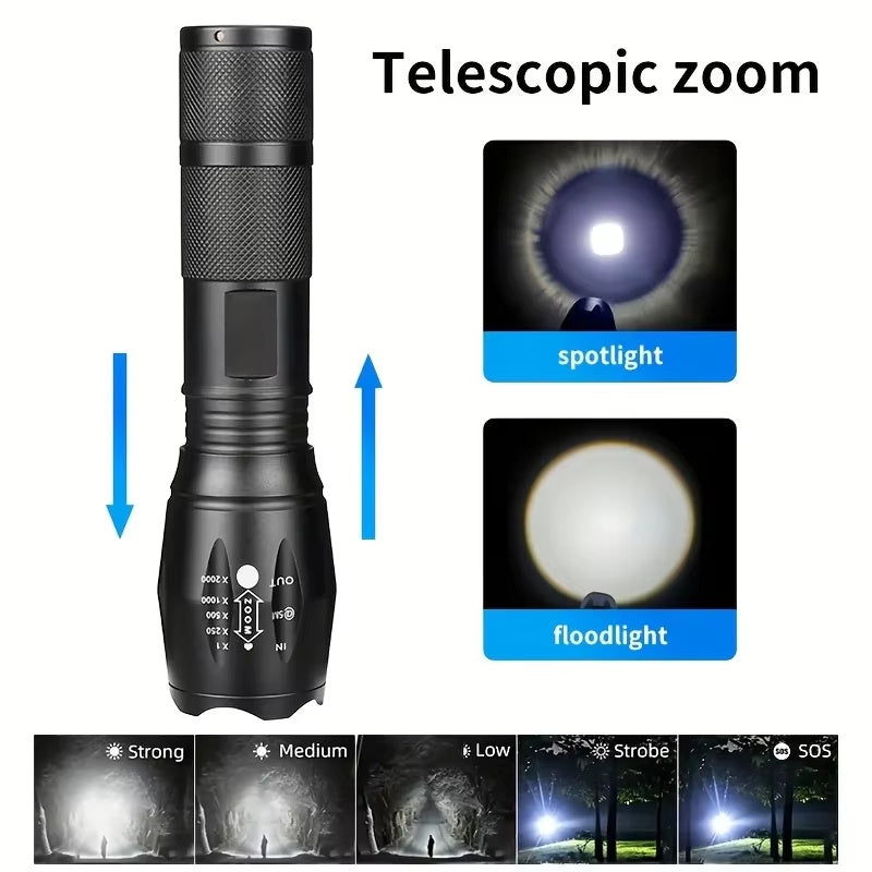 High power LED tactical flashlight showcasing telescopic zoom with spotlight and floodlight modes.