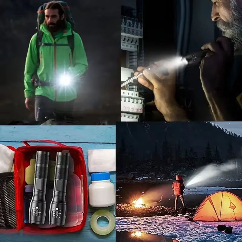 Collage of outdoor scenes with a man using a tactical flashlight, camping gear, and a flashlight illuminating a tent at night.
