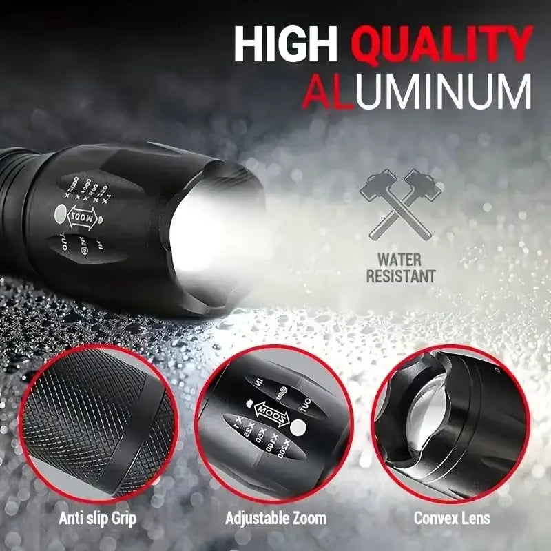 High quality aluminum tactical flashlight with anti-slip grip, adjustable zoom, and water-resistant features.