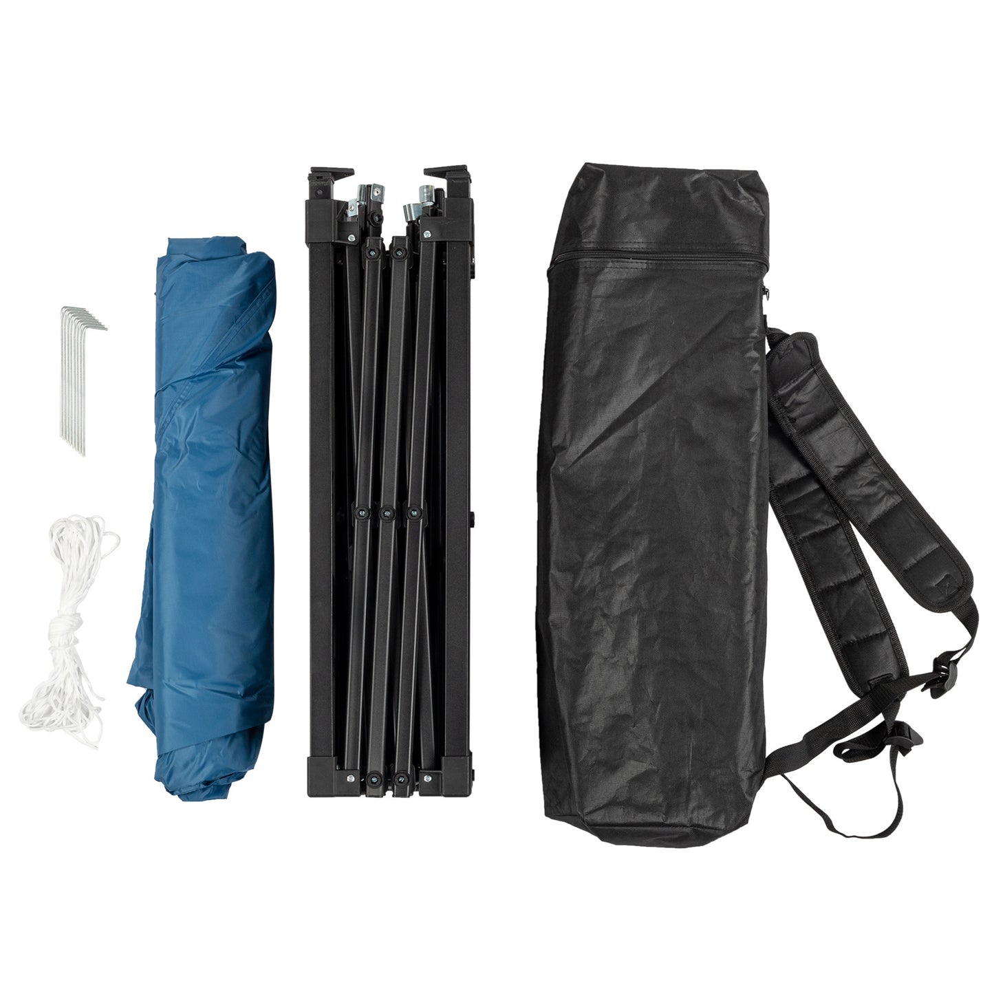 Sky blue folding canopy packed with durable poles, guy lines, and carry bag for convenient outdoor use.