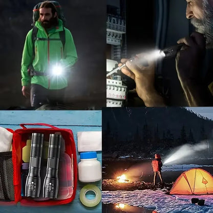 Collage of outdoor scenes with a man using a tactical flashlight, camping gear, and a flashlight illuminating a tent at night.