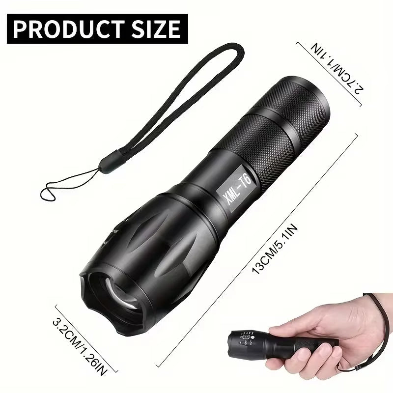 High Power LED tactical flashlight with dimensions shown, highlighting portable design and ergonomic grip.