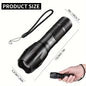 High Power LED tactical flashlight with dimensions shown, highlighting portable design and ergonomic grip.