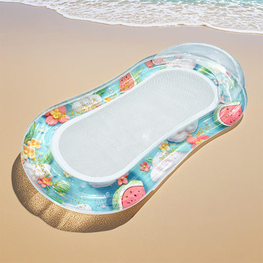 Large sequin swimming pool float with vibrant design featuring watermelon and flowers, perfect for summer lounging.
